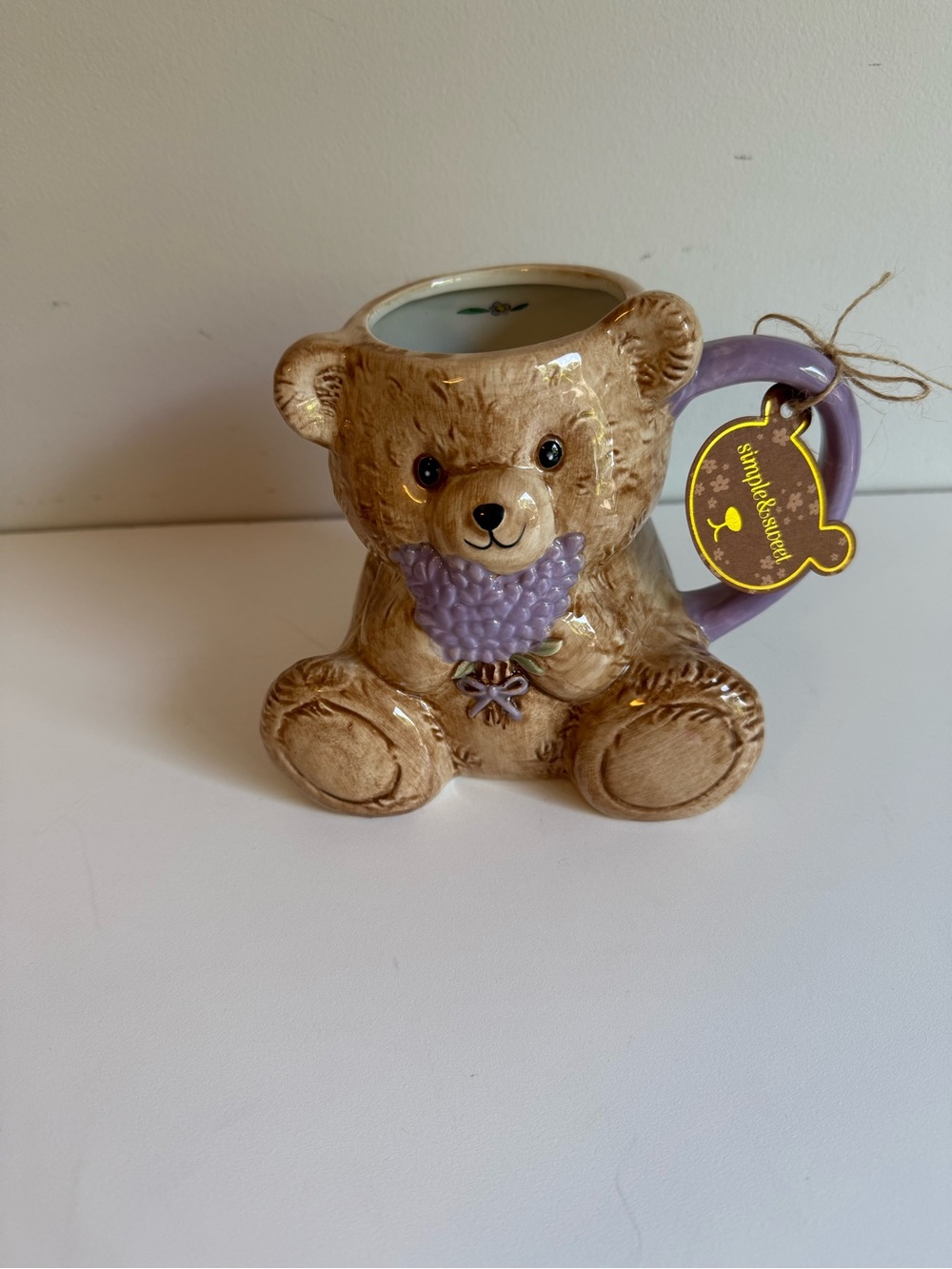 Simple & Sweet Large Teddy Bear Mug With A Lavender Bouquet 28 oz NEW